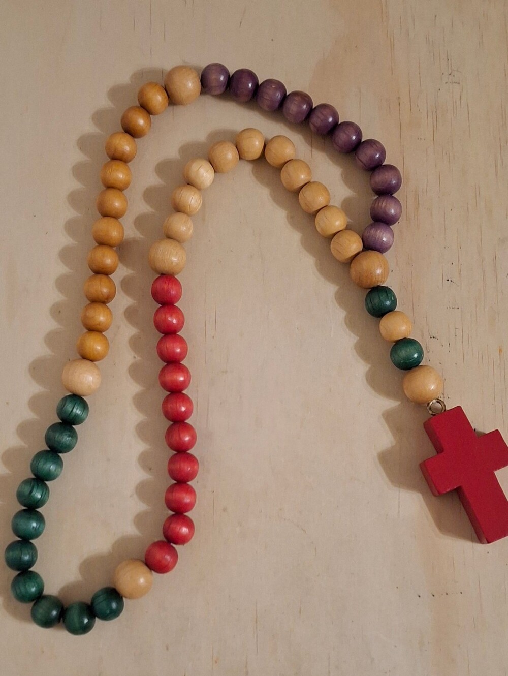 Vintage Colorful Wooden Kids Rosary • Large Rainbow Beads & Red Crucifix